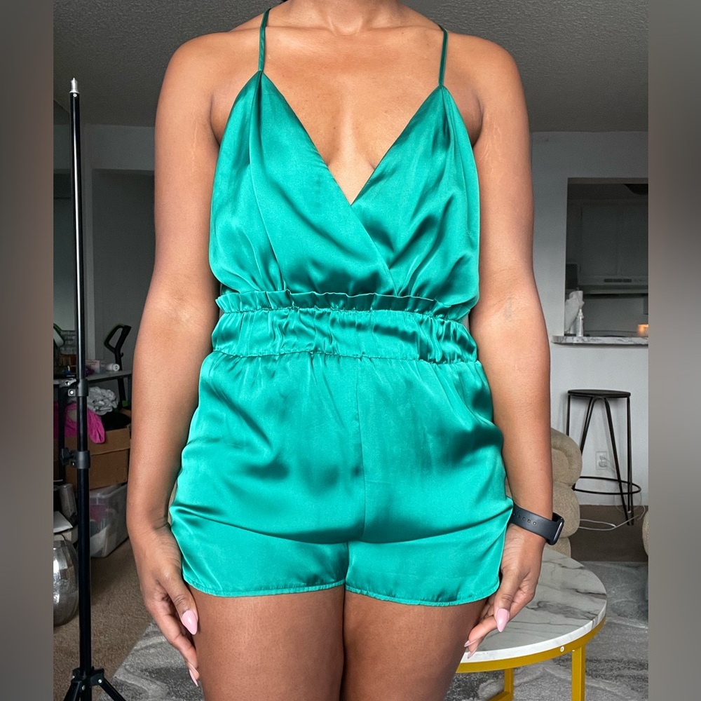 Elegant Green Satin romper with Strappy Design
